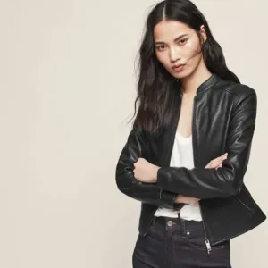 Reiss - Thea Collarless Leather Jacket, Black, US 4