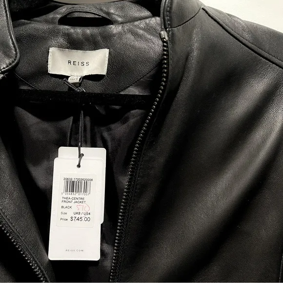 Reiss - Thea Collarless Leather Jacket, Black, US 4