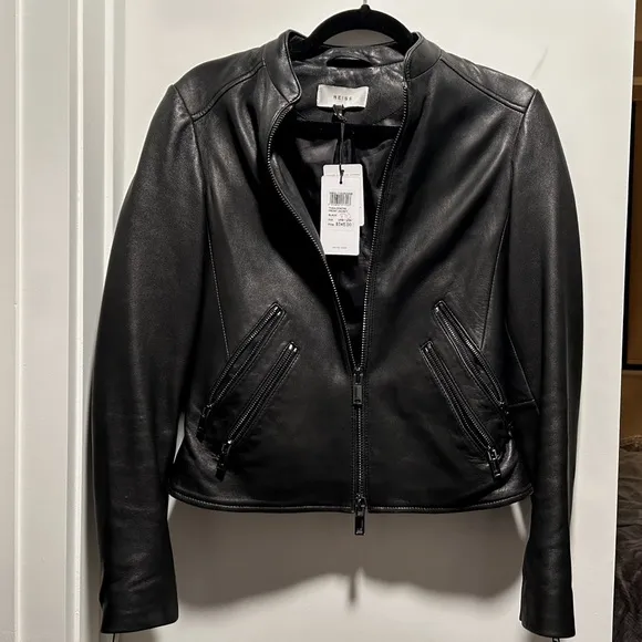 Reiss - Thea Collarless Leather Jacket, Black, US 4