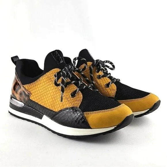Remonte Women's Lace Up Casual Leopard Print Yellow Black Trainers Shoes Size 40
