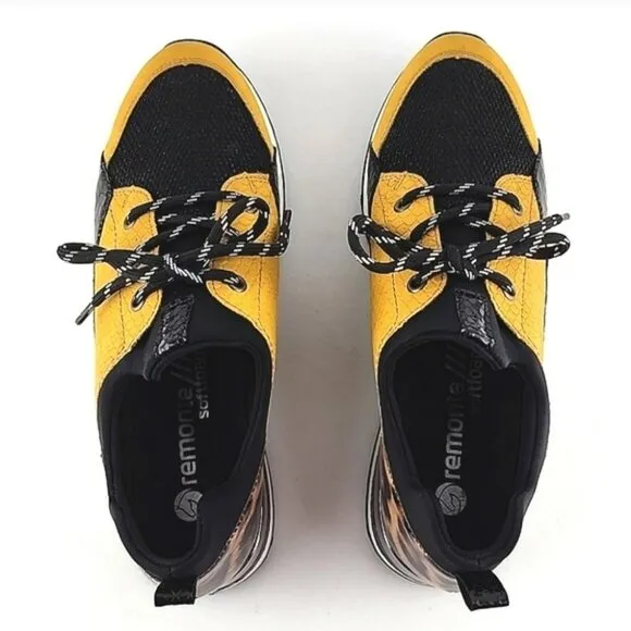 Remonte Women's Lace Up Casual Leopard Print Yellow Black Trainers Shoes Size 40