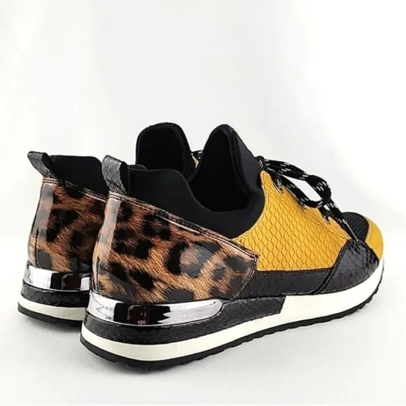 Remonte Women's Lace Up Casual Leopard Print Yellow Black Trainers Shoes Size 40