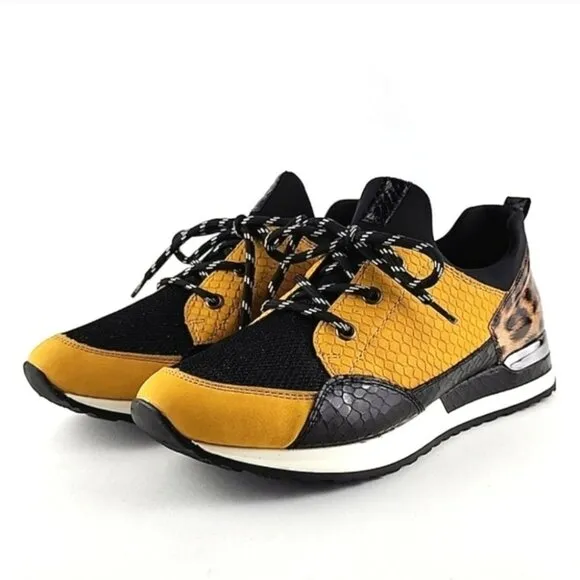 Remonte Women's Lace Up Casual Leopard Print Yellow Black Trainers Shoes Size 40