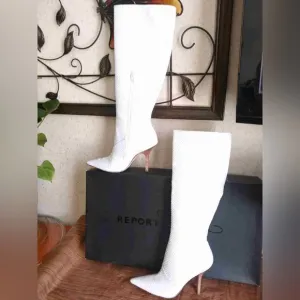 Report Signature white leather heeled boots in size 8. Made in Brazil.