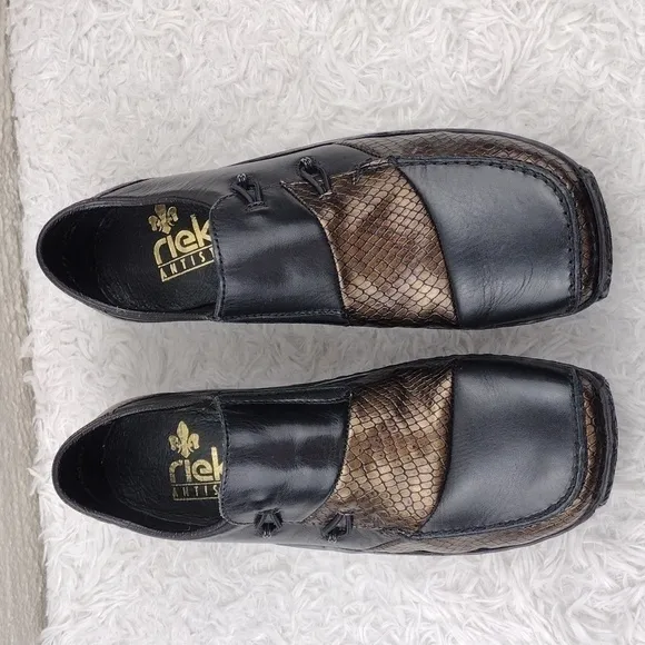 Rieker Antistress Celia Black Bronze  Snakeskin Leather Square Toe Loafer Shoe
