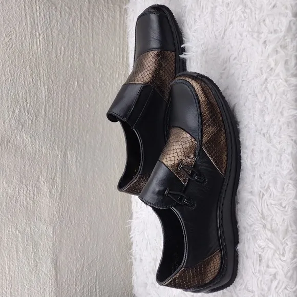 Rieker Antistress Celia Black Bronze  Snakeskin Leather Square Toe Loafer Shoe
