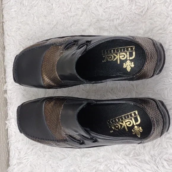 Rieker Antistress Celia Black Bronze  Snakeskin Leather Square Toe Loafer Shoe