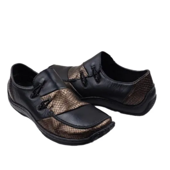 Rieker Antistress Celia Black Bronze  Snakeskin Leather Square Toe Loafer Shoe