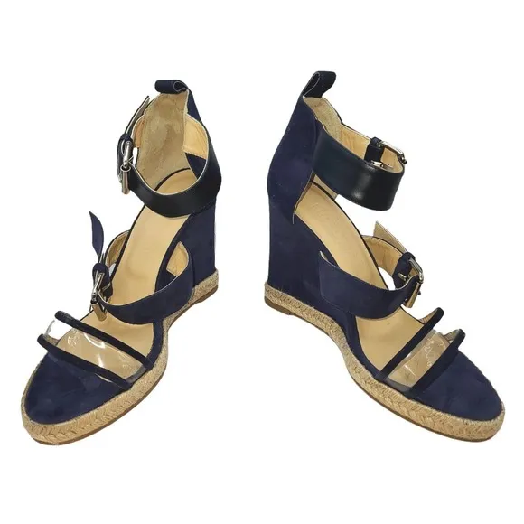 Ritch Erani NYFC Women Navy Blue Open Toe Wedge Heel Sandals SZ 37/ 6.5 US NWOB