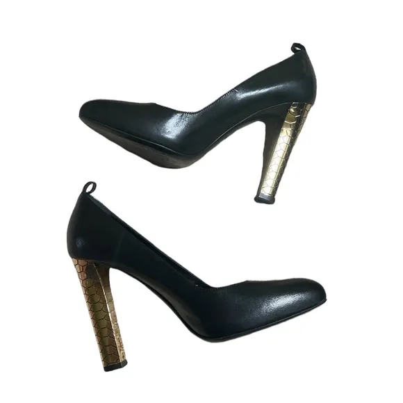 Roberto Cavalli Black Leather Gold Honeycomb Block Heel Pumps