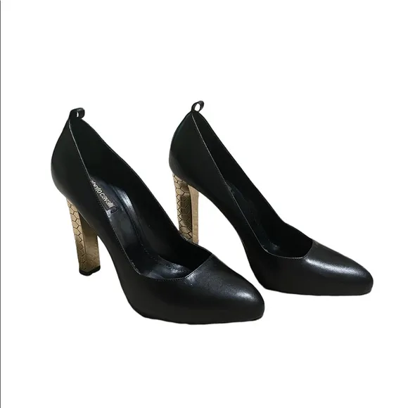 Roberto Cavalli Black Leather Gold Honeycomb Block Heel Pumps