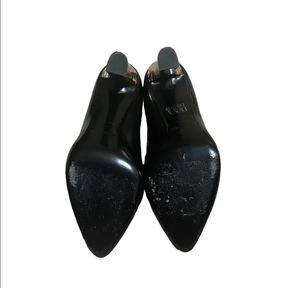 Roberto Cavalli Black Leather Gold Honeycomb Block Heel Pumps