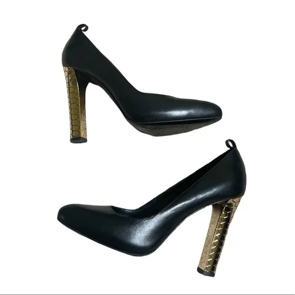 Roberto Cavalli Black Leather Gold Honeycomb Block Heel Pumps