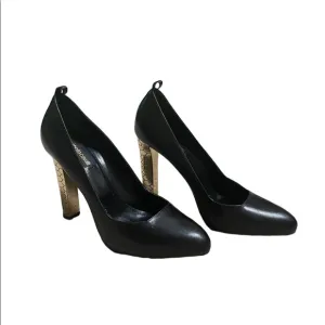 Roberto Cavalli Black Leather Gold Honeycomb Block Heel Pumps