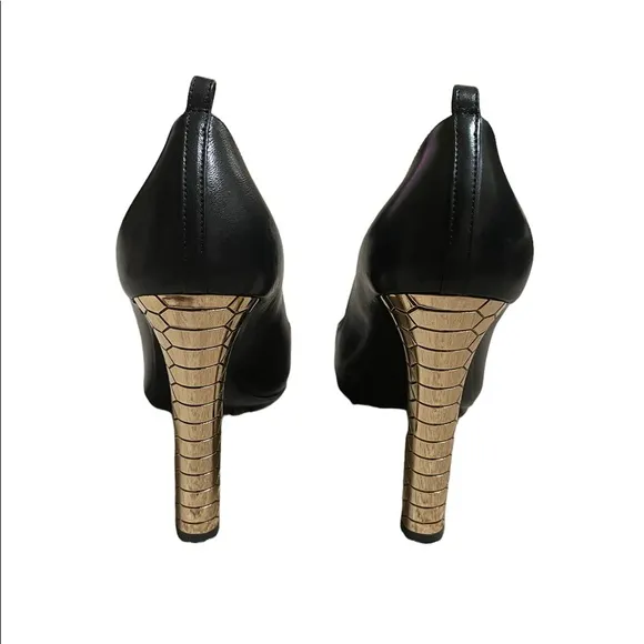 Roberto Cavalli Black Leather Gold Honeycomb Block Heel Pumps