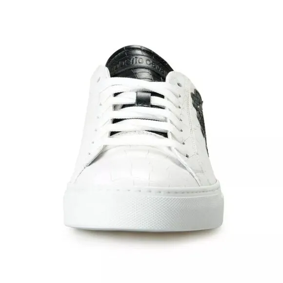 Roberto Cavalli Sneakers Shoes Men's White Textured Leather Logo Print Fashion