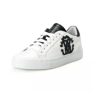 Roberto Cavalli Sneakers Shoes Men's White Textured Leather Logo Print Fashion