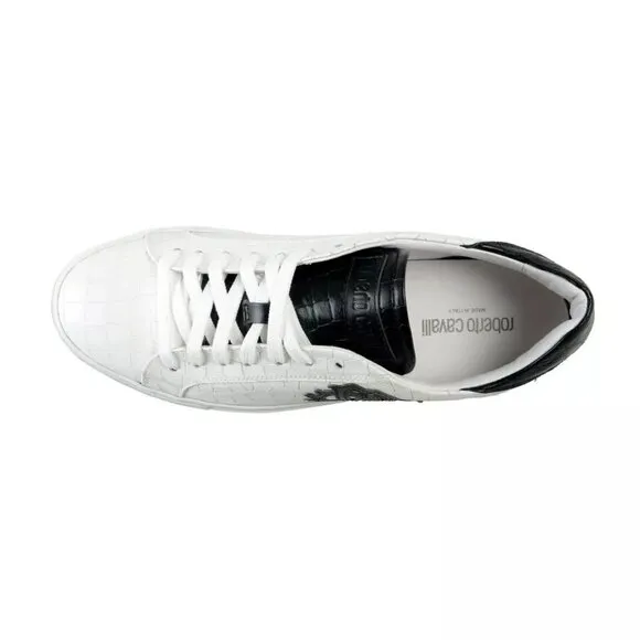 Roberto Cavalli Sneakers Shoes Men's White Textured Leather Logo Print Fashion