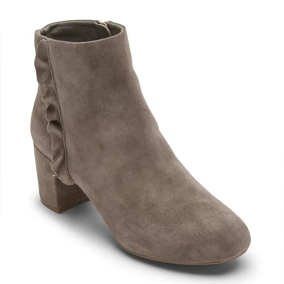 Rockport Gray Suede Leather Ruffle Heeled Ankle Boots, Size 8.5 Wide