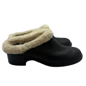 Rockport Shearling Lined Black Leather Slides Mules Shoes Women's 9.5 APW21121