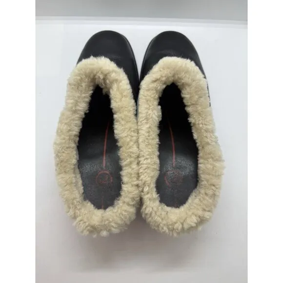 Rockport Shearling Lined Black Leather Slides Mules Shoes Women's 9.5 APW21121