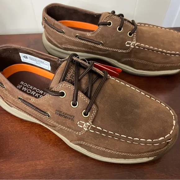 Rockport Works Sailing Club Men's Brown leather Three Eye Tie Boat Shoe - RK6736