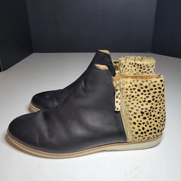 Rollie Women's 11.5 Australia Side Zip Ankle Boot Black Leather Cheetah Calf