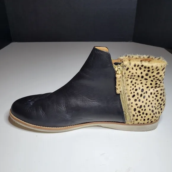 Rollie Women's 11.5 Australia Side Zip Ankle Boot Black Leather Cheetah Calf
