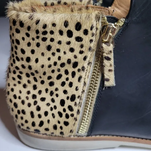 Rollie Women's 11.5 Australia Side Zip Ankle Boot Black Leather Cheetah Calf