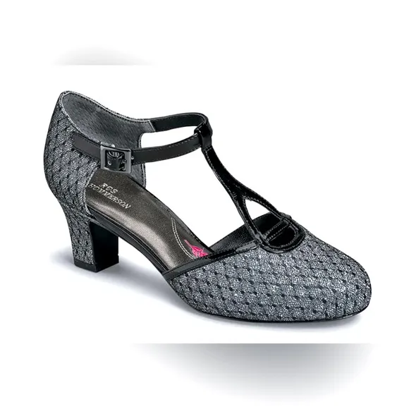 Ros Hommerson Black and Silver T-Strap Heidi Heels  Like New 10.5W