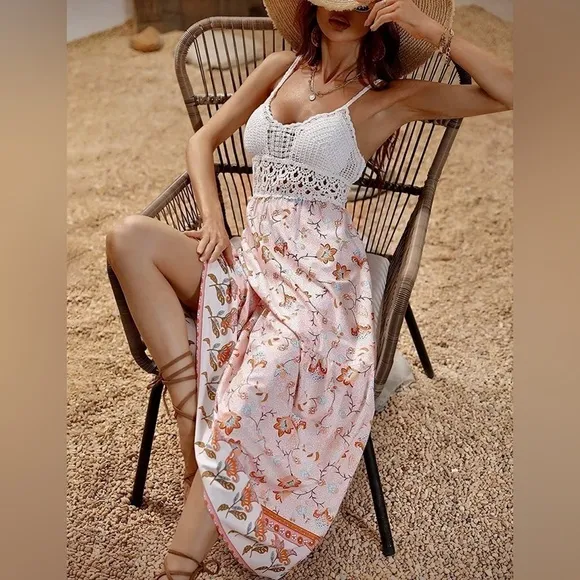 Rosie Bohemian Crochet Top Backless Floral Print Summer Maxi Sundress