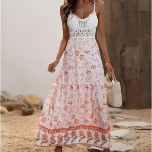 Rosie Bohemian Crochet Top Backless Floral Print Summer Maxi Sundress