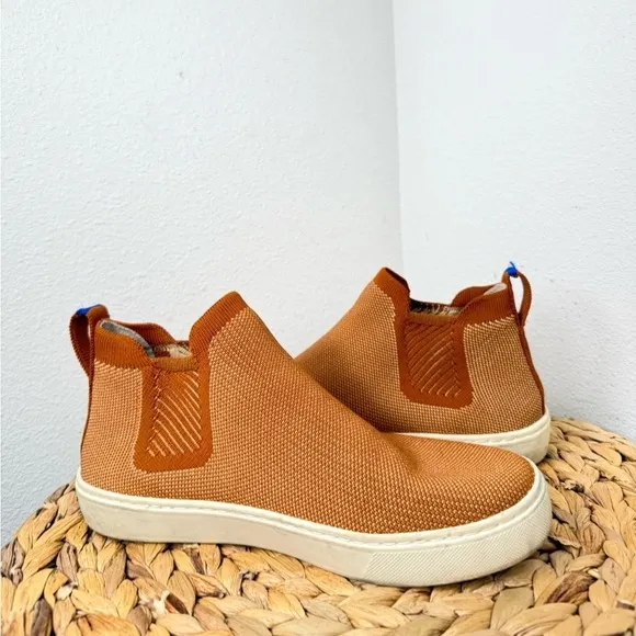 Rothy's Chelsea Boot Sneaker Fawn Amber Brown Shoes camel knit recycled sneakers