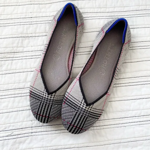 Rothy's Retired The Flat Grey Glen Plaid Round Toe Shoes size 10