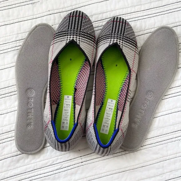 Rothy's Retired The Flat Grey Glen Plaid Round Toe Shoes size 10
