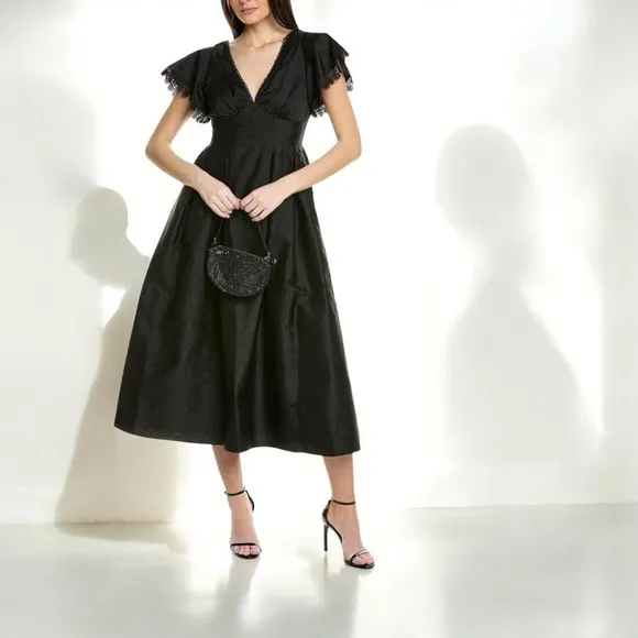 Sachin   Babi Black Formal Tea Length Dress Size 2 V-Neck Eyelet Trim Dress New