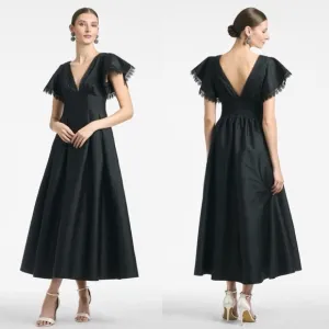 Sachin   Babi Black Formal Tea Length Dress Size 2 V-Neck Eyelet Trim Dress New