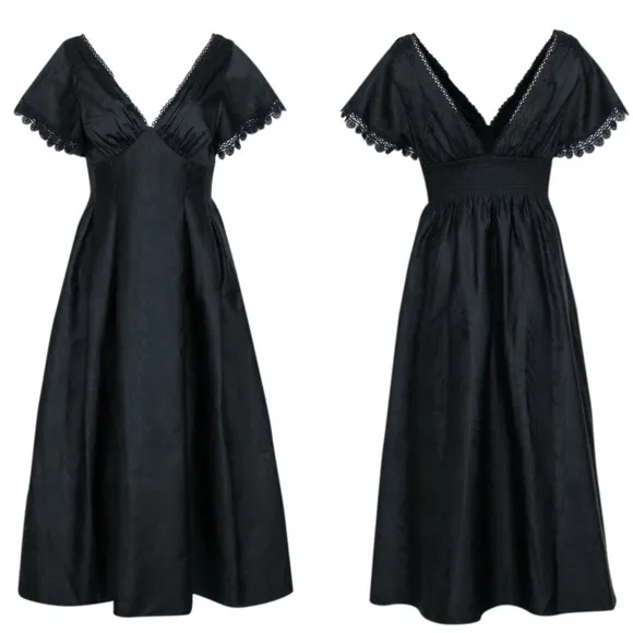 Sachin   Babi Black Formal Tea Length Dress Size 2 V-Neck Eyelet Trim Dress New