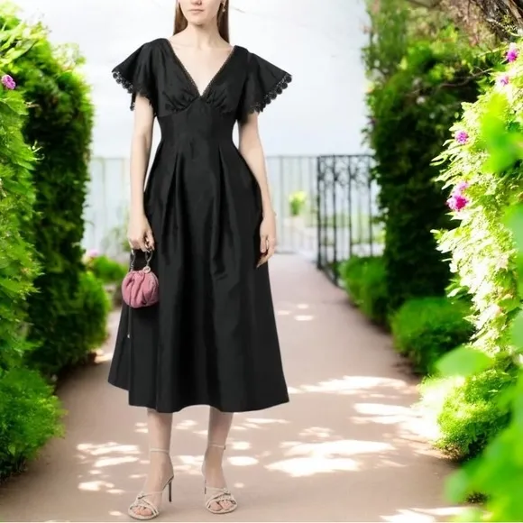 Sachin   Babi Black Formal Tea Length Dress Size 2 V-Neck Eyelet Trim Dress New