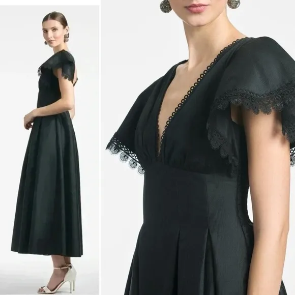 Sachin   Babi Black Formal Tea Length Dress Size 2 V-Neck Eyelet Trim Dress New