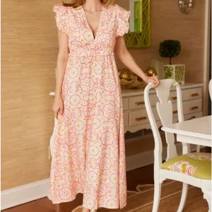 Sail To Sable Peach &amp; Lemon Blush Medallion Print Flutter Sleeve V-Neck Dress