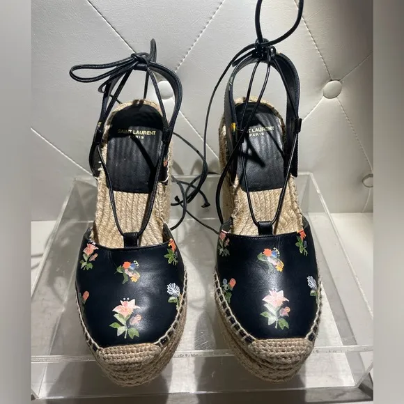 Saint Laurent Black Floral Espadrille Wedges