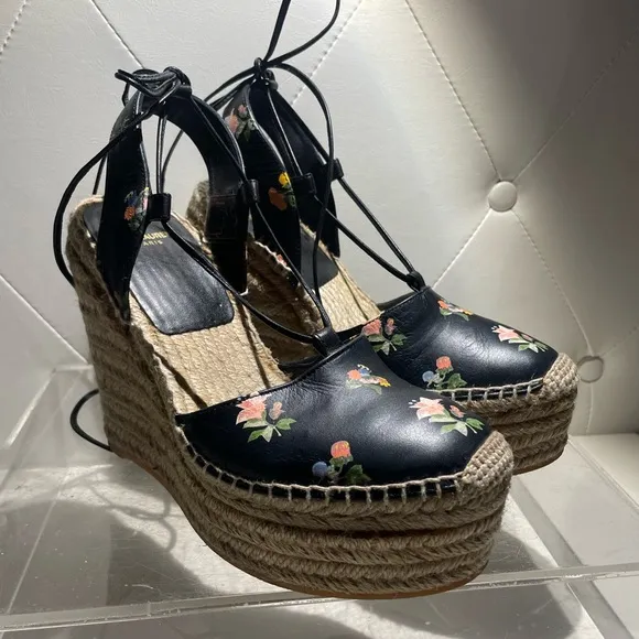 Saint Laurent Black Floral Espadrille Wedges