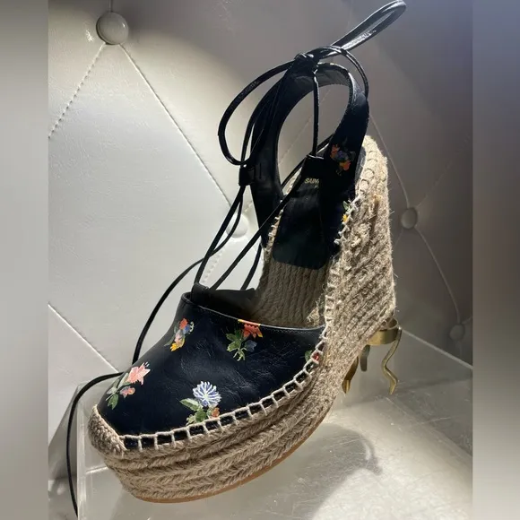 Saint Laurent Black Floral Espadrille Wedges