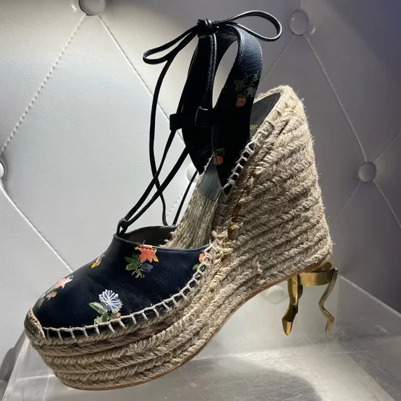 Saint Laurent Black Floral Espadrille Wedges