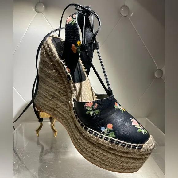 Saint Laurent Black Floral Espadrille Wedges