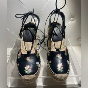 Saint Laurent Black Floral Espadrille Wedges