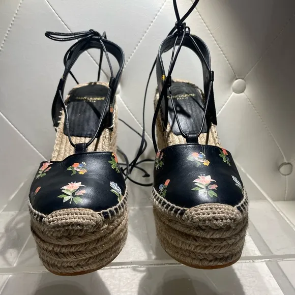 Saint Laurent Black Floral Espadrille Wedges