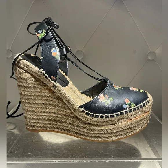 Saint Laurent Black Floral Espadrille Wedges