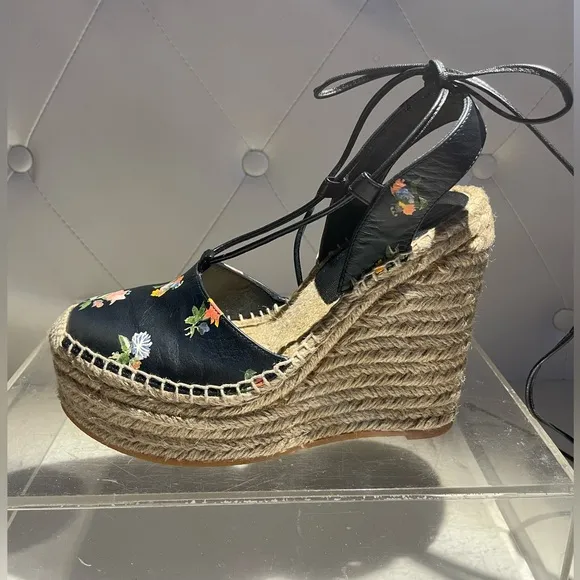 Saint Laurent Black Floral Espadrille Wedges